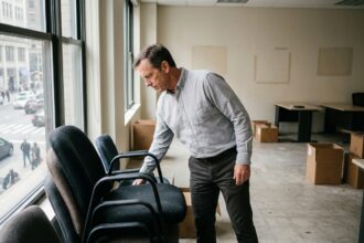 Responsable de bureau inspectant des chaises de bureau empilées dans un open-space en cours de déménagement d'entreprise
