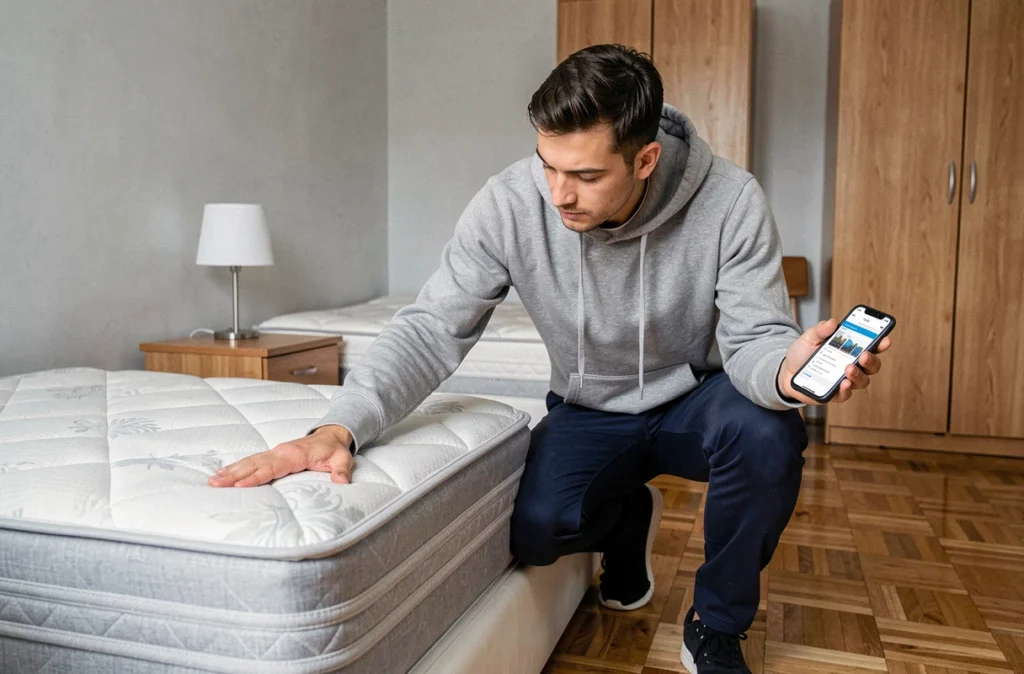 Homme inspectant l'état du mobilier dans une chambre de location meublée avec inventaire numérique