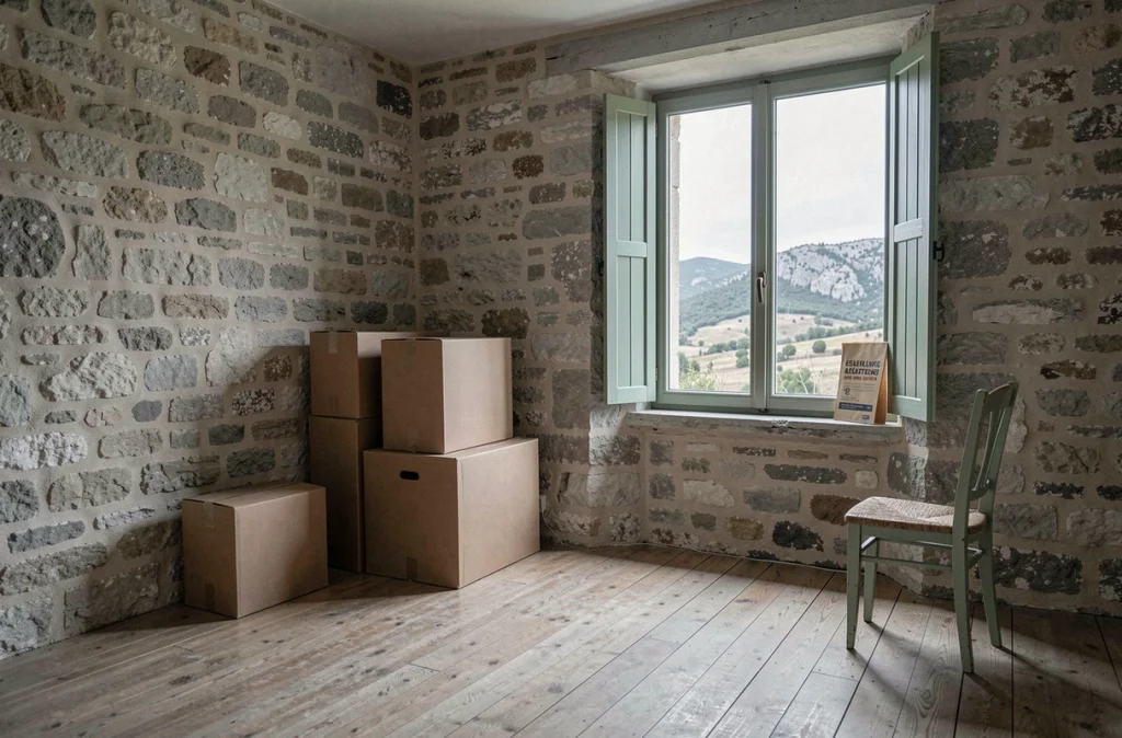 Intérieur vide d'une maison en pierre en Lozère avec cartons de déménagement symbolisant une vente urgente liée à un divorce