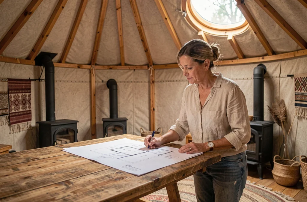 Femme examinant des plans dans l'intérieur chaleureux et décoré d'une yourte avec poêle en fonte et tapis en laine