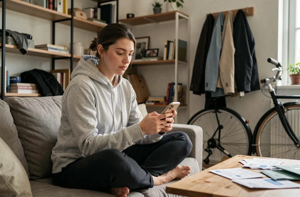 Jeune femme colocataire recherchant le prix d'une assurance habitation sur son smartphone dans un salon partagé