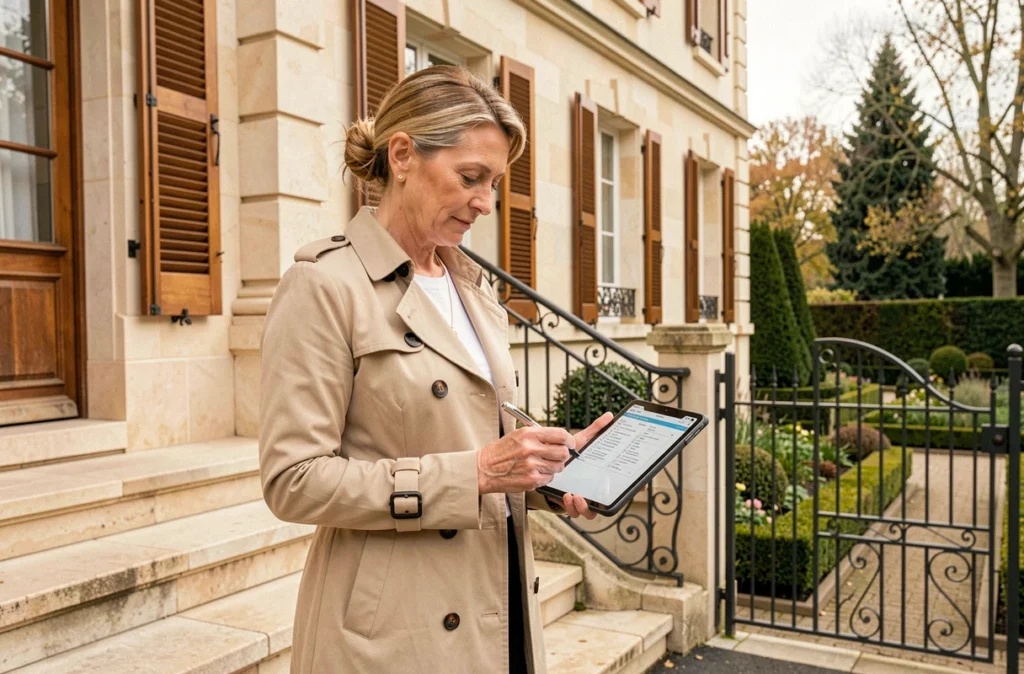 Gestionnaire Lamy inspectant les parties communes d'une copropriété résidentielle française