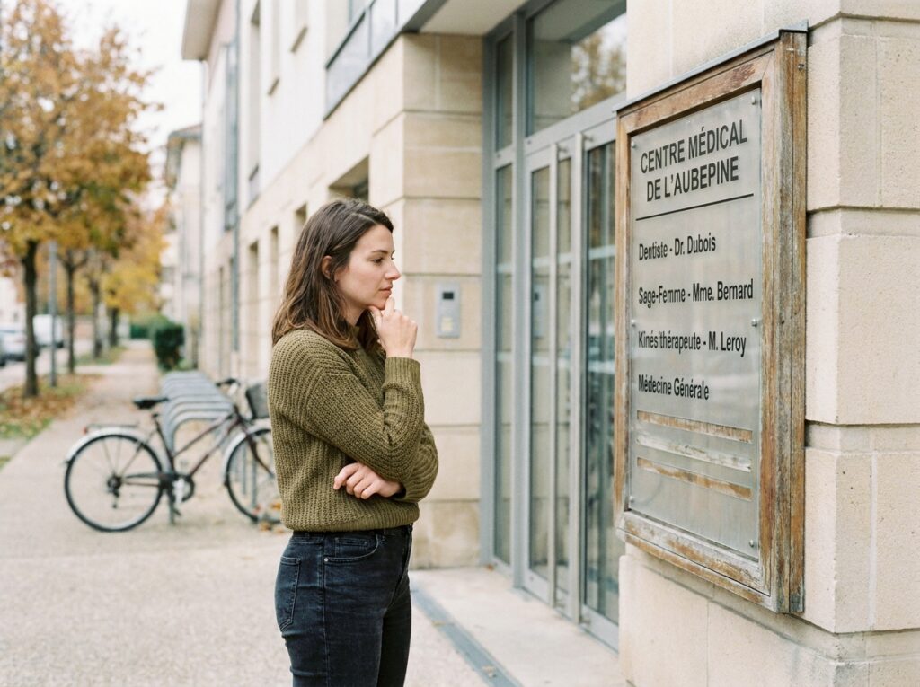 Jeune femme consultant un panneau de services médicaux devant une maison de santé en Eure-et-Loir