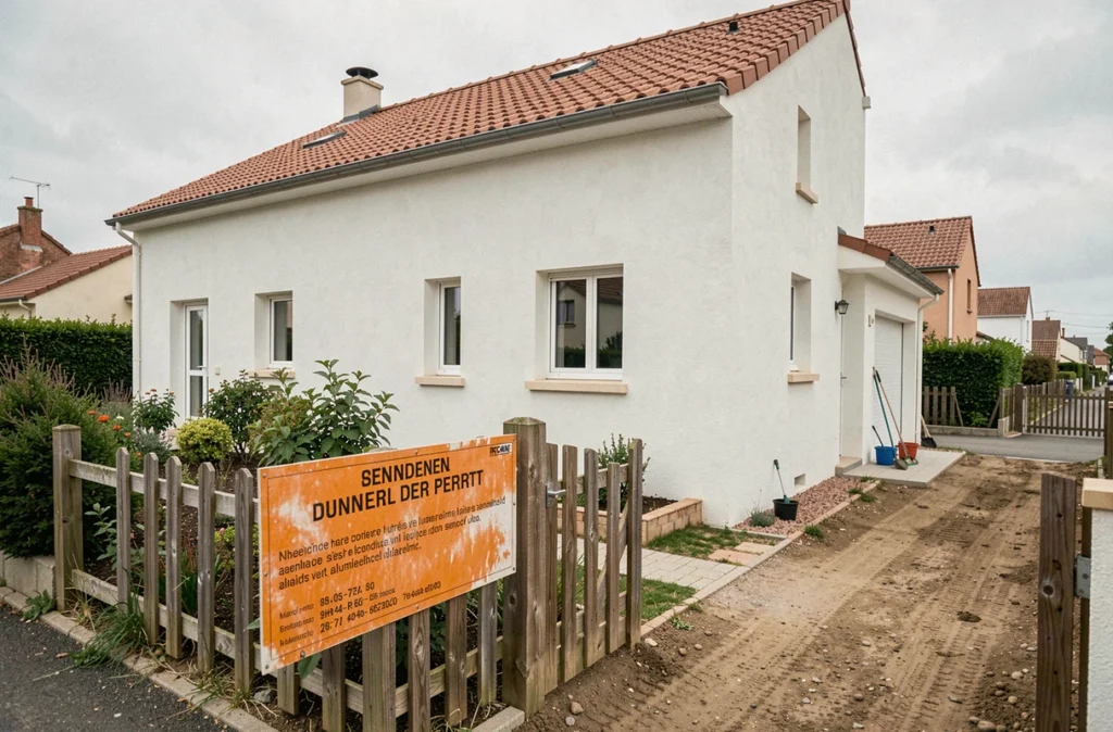 Maison neuve avec panneau de permis de construire affiché longtemps après la fin des travaux dans un lotissement résidentiel