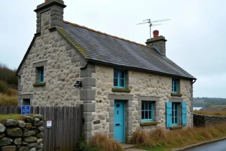 Maison de pêcheur en pierre à vendre avec panneau immobilier et volets bleus sur façade côtière