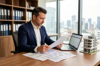 Marchand de bien consultant des documents fiscaux et des plans immobiliers à son bureau pour analyser la TVA sur marge
