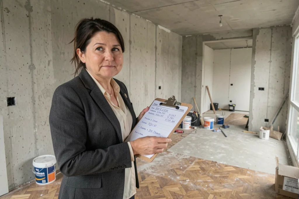 Marchande de bien inspectant un appartement en rénovation avec des notes de calcul de TVA sur marge sur son clipboard