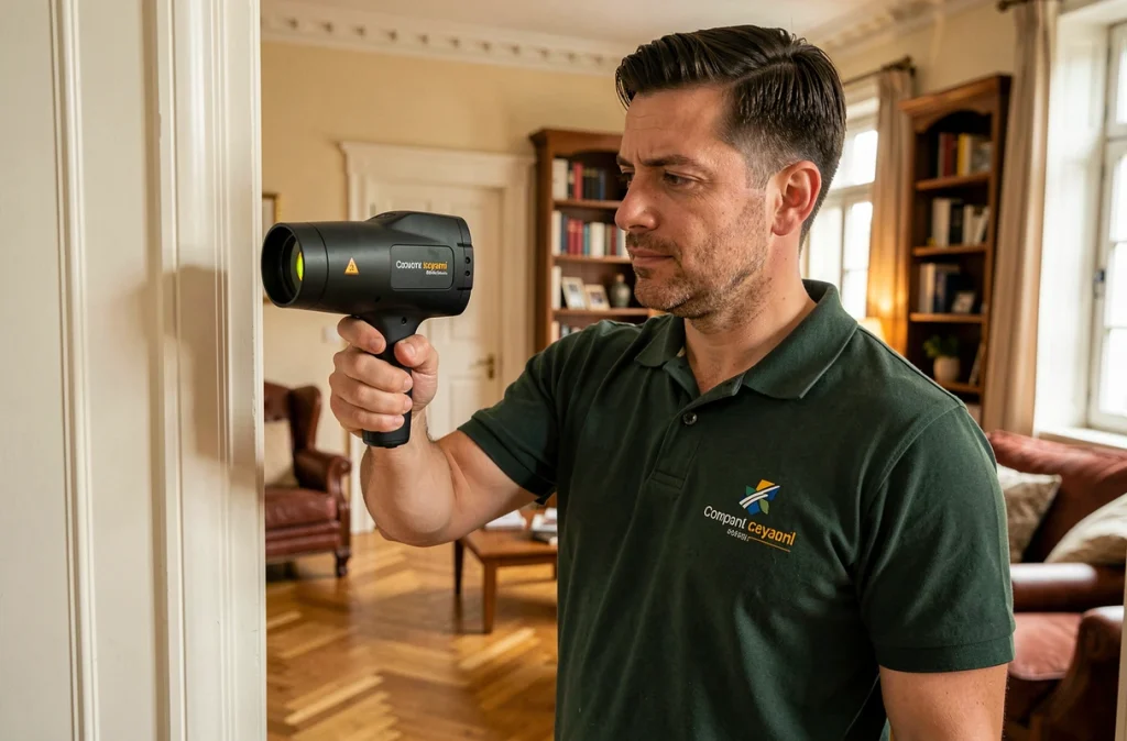 Technicien MDIAG réalisant une inspection thermique avec caméra infrarouge dans un appartement