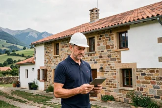 Diagnostiqueur immobilier professionnel devant une maison basque traditionnelle dans les Pyrénées-Atlantiques
