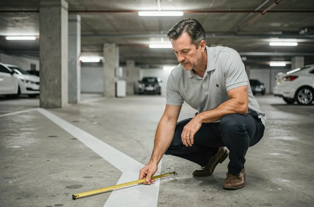Homme mesurant les dimensions d'une place de parking souterraine avec un mètre ruban jaune