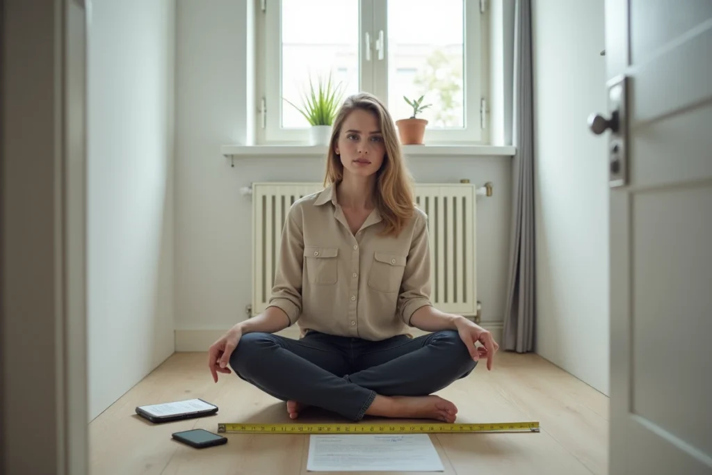 Jeune femme mesurant la superficie d'une petite chambre avec un mètre ruban pour vérifier la conformité légale en 2026