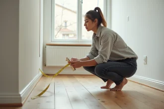 Femme mesurant la surface d'une pièce avec un mètre ruban sur un parquet en bois dans une maison vide