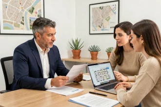Négociation du prix d'un appartement à Guéliz Marrakech entre un agent immobilier et des acheteurs dans un bureau moderne