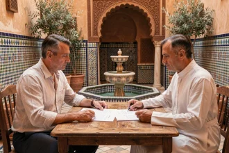 Deux hommes négociant le prix d'une villa à Marrakech autour d'une table dans un riad traditionnel avec des documents immobiliers
