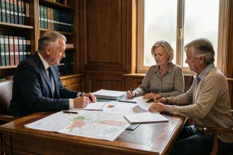 Couple en réunion avec un notaire pour la cession de parcelles dans un PRL en Vendée