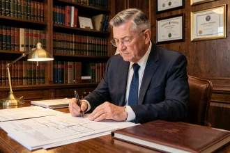 Notaire examinant des documents d'estimation immobilière dans son bureau professionnel