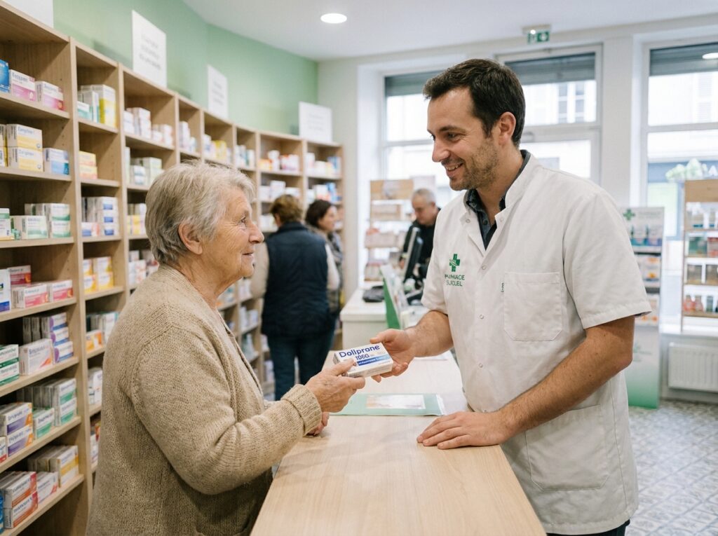 Pharmacien remettant des médicaments à une patiente âgée dans une pharmacie de village en Eure-et-Loir