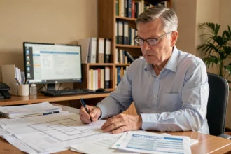 Propriétaire inquiet consultant des documents administratifs liés à une déclaration d'achèvement de travaux oubliée