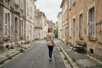 Rue résidentielle dégradée d'un quartier défavorisé d'Alès avec façades abîmées et trottoirs fissurés