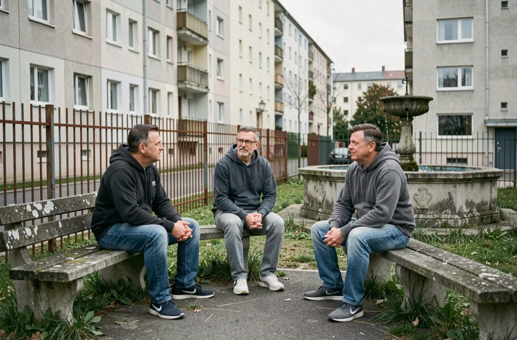 Habitants discutant dans une place publique délabrée d'un quartier populaire d'Alès