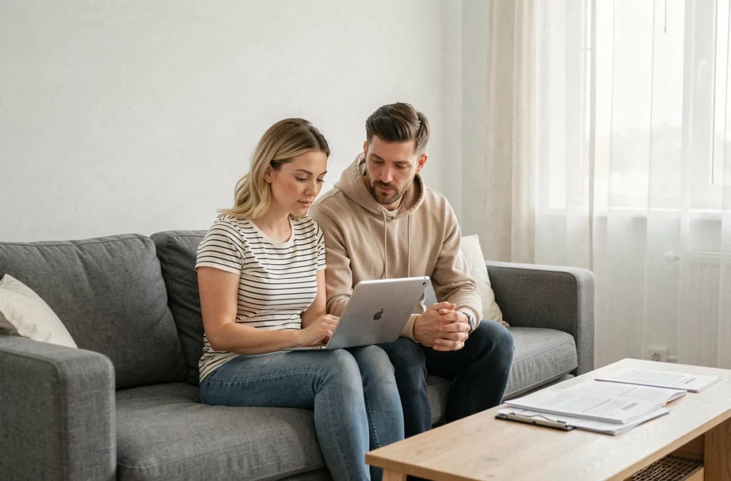 Couple consultant une tablette pour résilier leur assurance habitation en ligne dans leur salon
