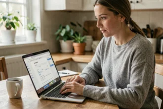 Femme résiliant son assurance habitation en ligne depuis son ordinateur portable dans une cuisine moderne