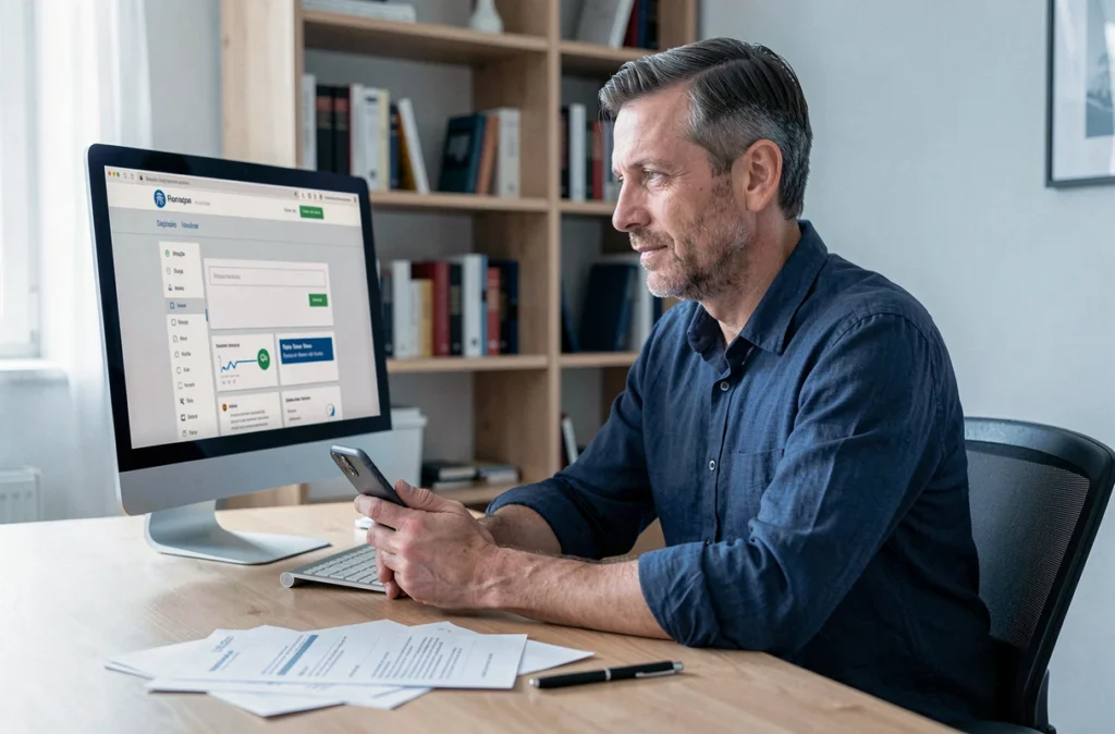 Homme utilisant son smartphone et son ordinateur pour résilier son assurance habitation en ligne depuis son bureau à domicile