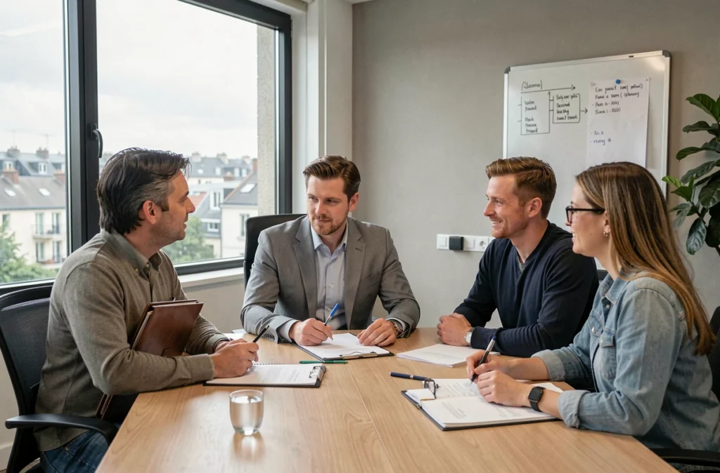 Réunion entre un syndic de copropriété et des copropriétaires dans un bureau moderne du Val-de-Marne