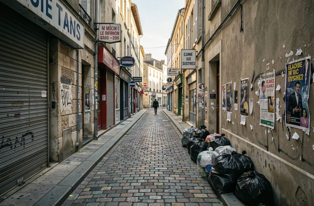 Ruelle délaissée avec commerces fermés et tags de graffiti dans un quartier d'Alès
