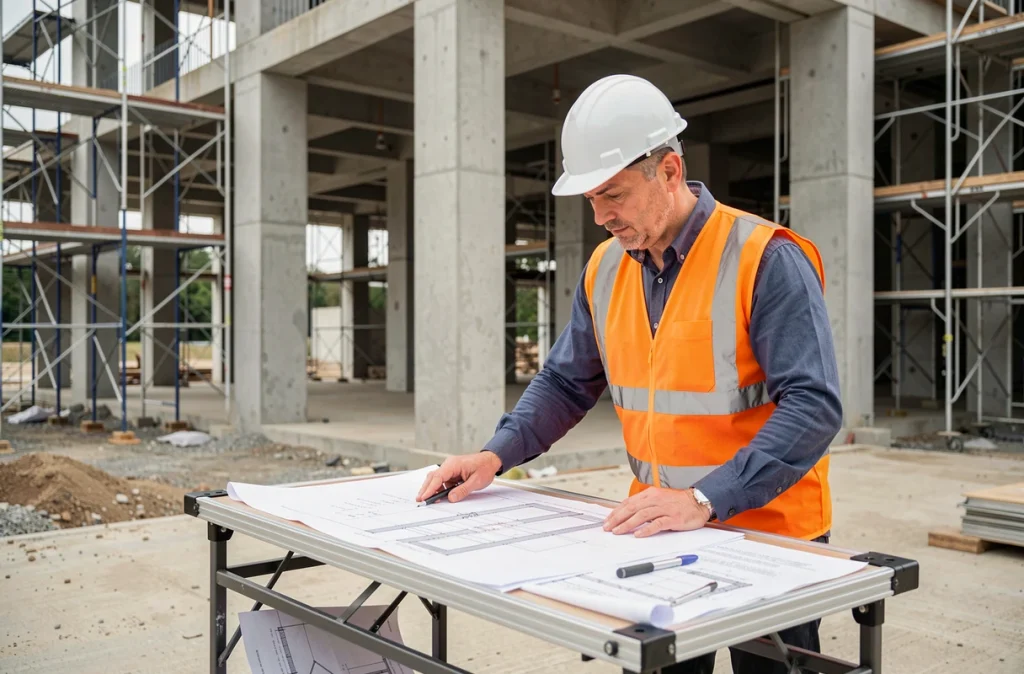 Ingénieur SCE en tenue de sécurité examinant des plans structurels sur un chantier de construction