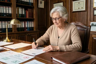 Une femme senior signe un contrat de viager chez le notaire, documents officiels sur un bureau en bois dans un office notarial traditionnel