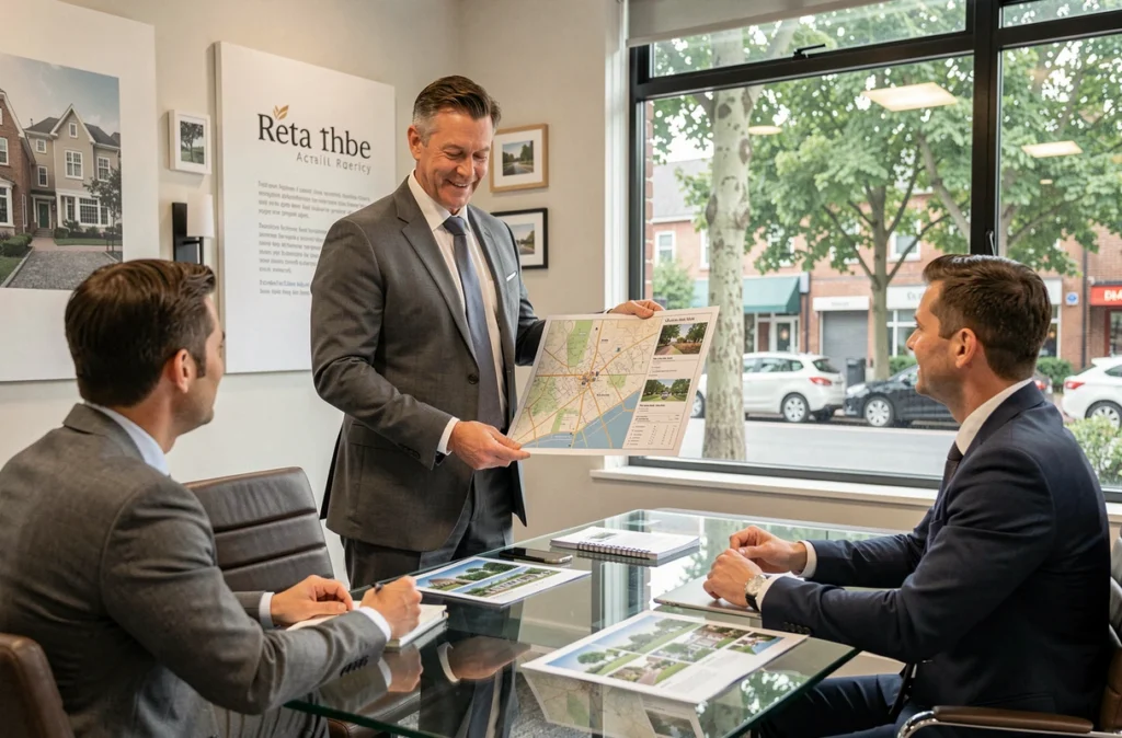 Conseiller Square Habitat présentant un dossier de copropriété à des clients dans une agence