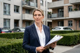 Syndic de copropriété professionnelle devant un immeuble résidentiel dans le Val-de-Marne