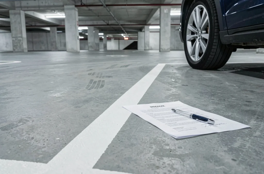 Marquages blancs d'une place de parking couverte avec un document contractuel posé sur le sol en béton