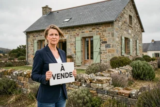 Femme tenant un panneau À Vendre devant une maison en pierre traditionnelle en Lozère lors d'une vente urgente cause divorce