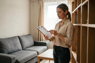Femme vérifiant la liste de mobilier dans un appartement meublé avant de signer le bail