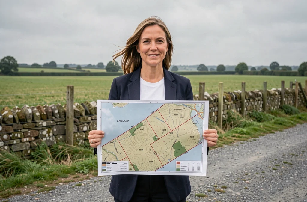 Femme tenant une carte parcellaire sur le terrain pour vérifier les limites et le propriétaire d'une parcelle cadastrale