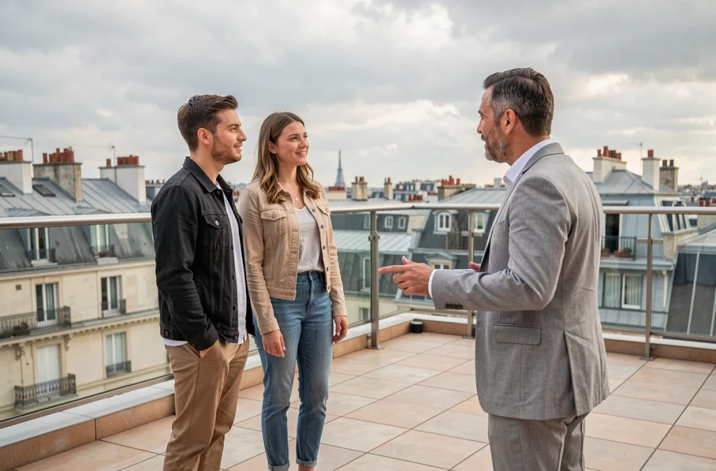 Couple parisien visitant une terrasse d'appartement avec leur chasseur immobilier